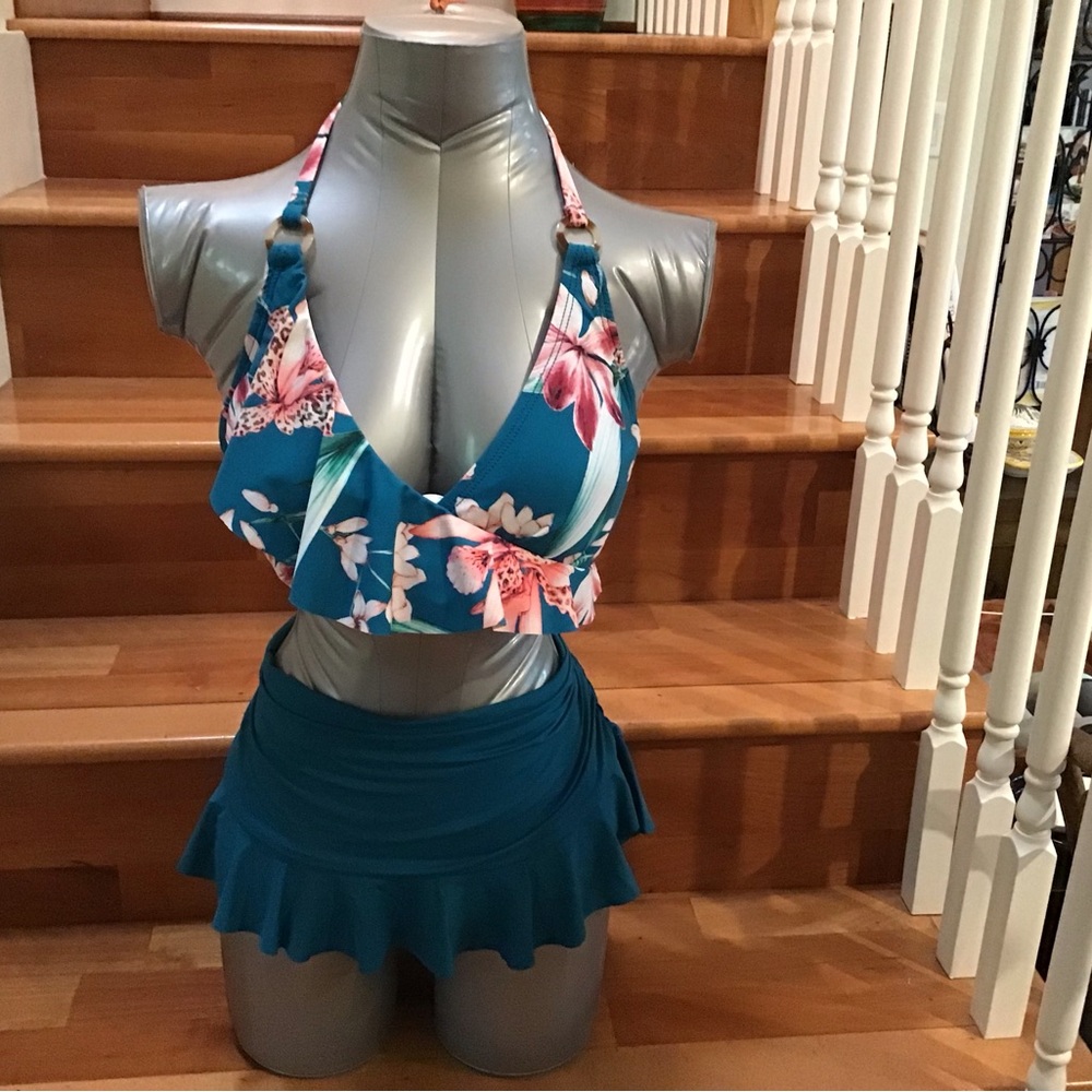 La Blanca Teal Floral Halter Bikini Set with Skirt